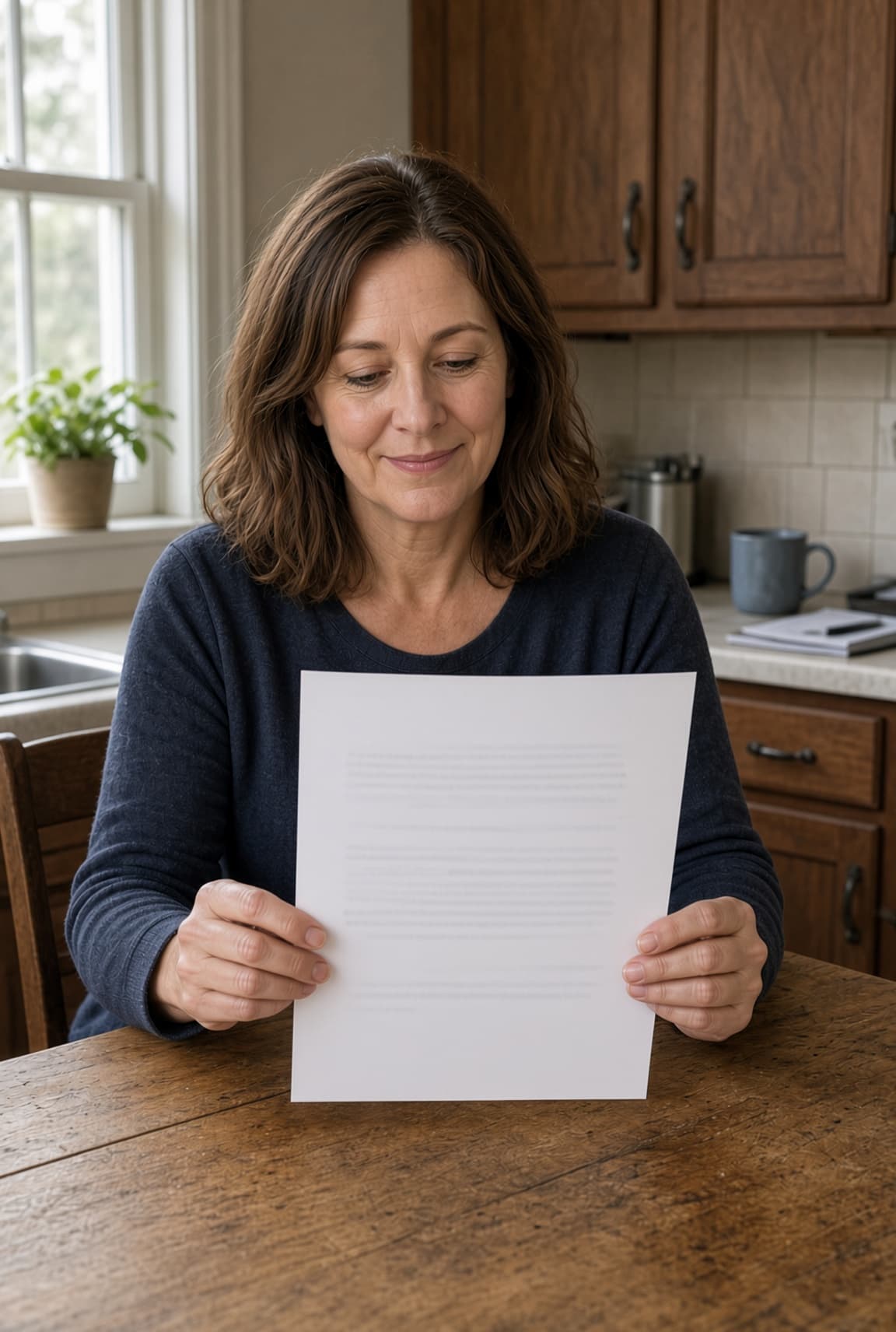 The same woman at her kitchen table looking calmer after understanding her letter